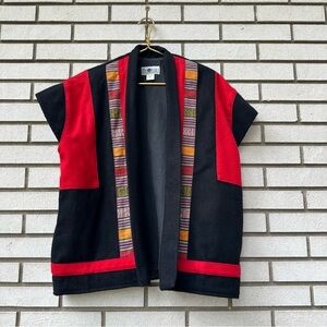Vintage The Daily Planet Wool Vest Jacket Black Red Nepal Sz M Boho Ethnic Trim